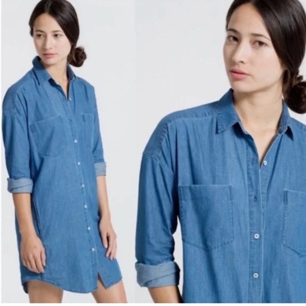 EVERLANE Chambray Cotton Blue Pocket Button Down Dress